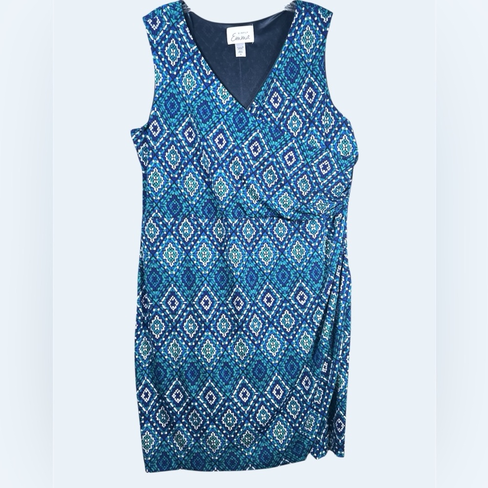 Simply Emma Sleeveless Faux Wrap Geometric Print Blue Dress Size 1X